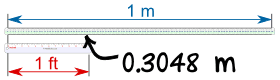 Close-up of a ruler showing that 1 foot aligns with 0.3048 meters