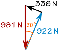force diagram: W=981N, f=336N, R=922N